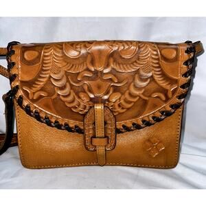 Patricia Nash Golden Brown Lanza Tool Leather Embossed Crossbody Purse P14186